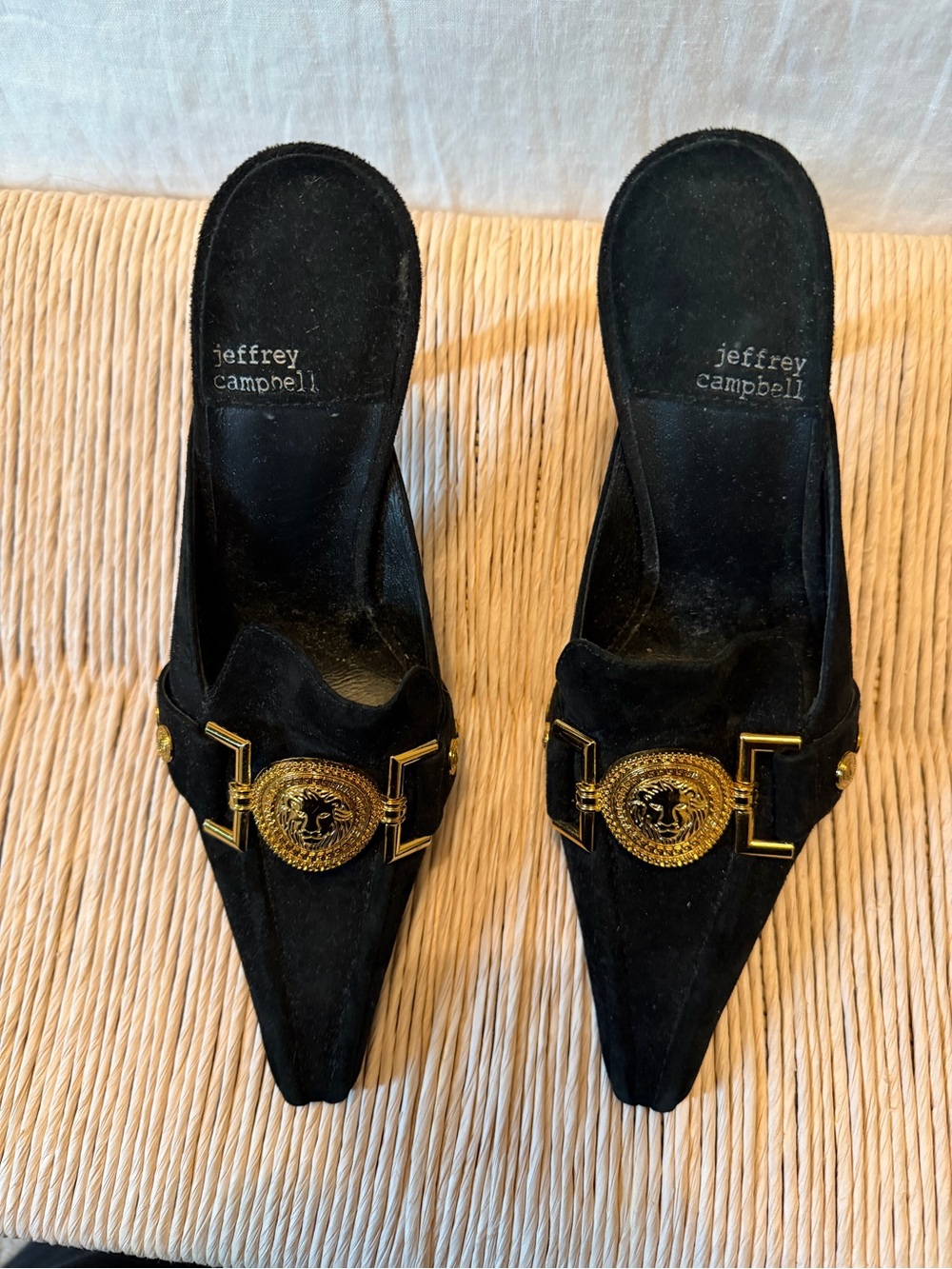 Jeffrey Campbell Black Suede Pointed Mules with Gold Medallion Accents
